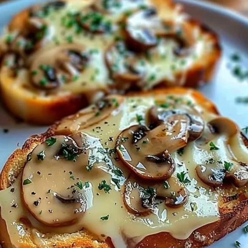 Gourmet cheesy mushroom and garlic toasts on a wooden serving board.