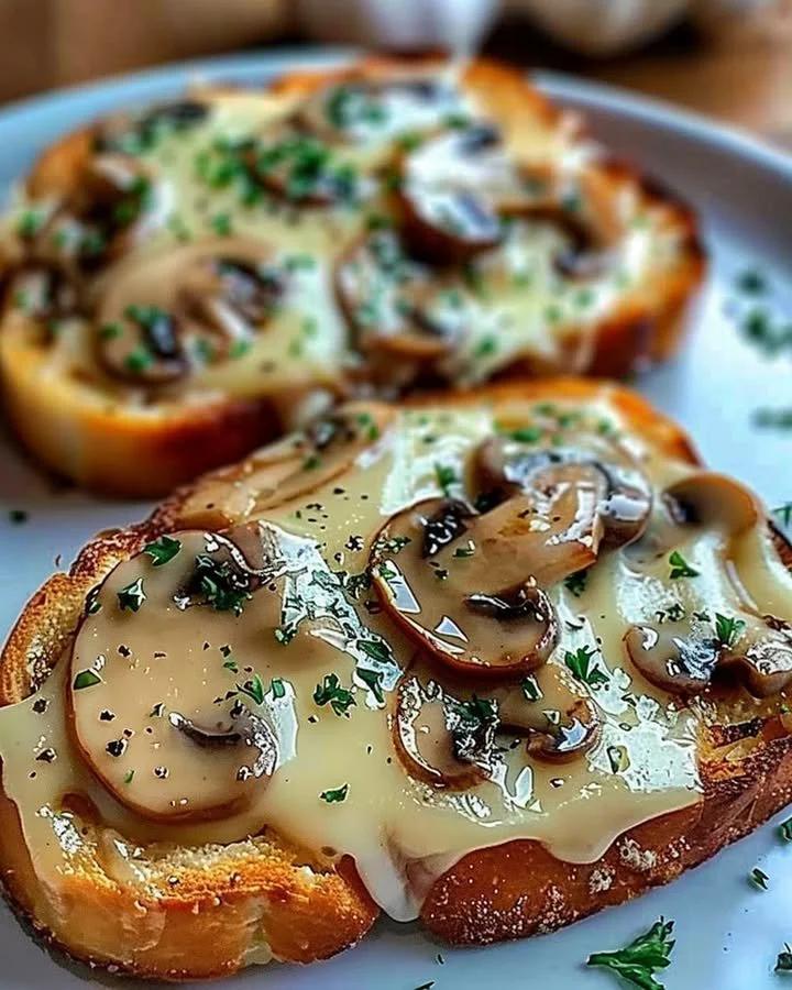 Gourmet cheesy mushroom and garlic toasts on a wooden serving board.
