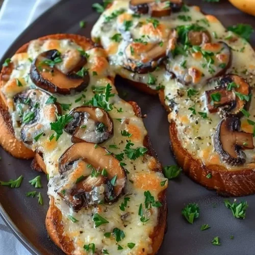 Gourmet cheesy mushroom and garlic toasts served on a wooden platter.