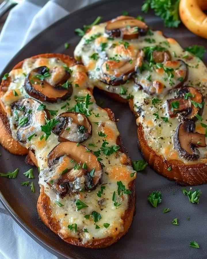 Gourmet cheesy mushroom and garlic toasts served on a wooden platter.