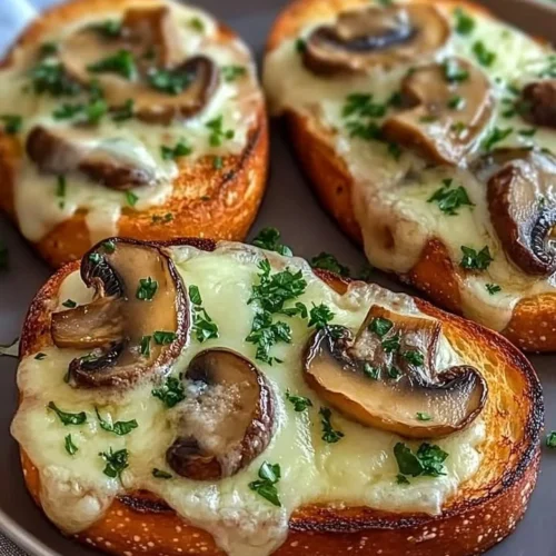 Gourmet cheesy mushroom and garlic toasts served on a wooden platter