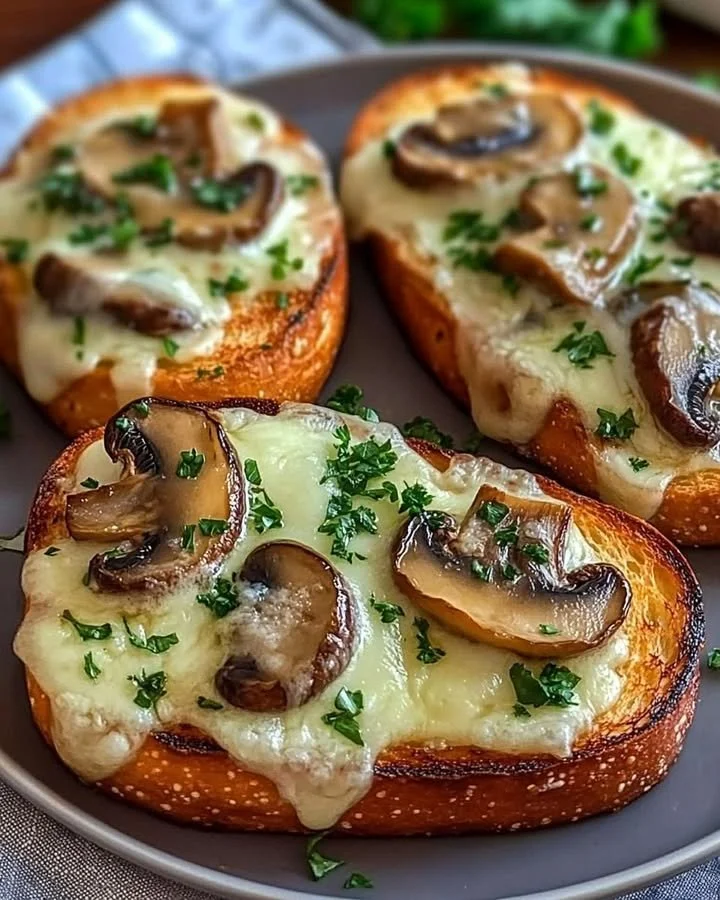 Gourmet cheesy mushroom and garlic toasts served on a wooden platter