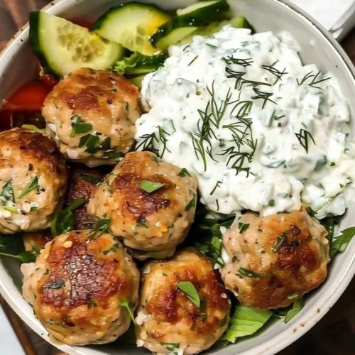 Delicious Greek Chicken Meatballs served with homemade tzatziki sauce