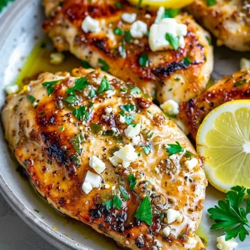 Greek chicken with lemon and feta dish, garnished with herbs