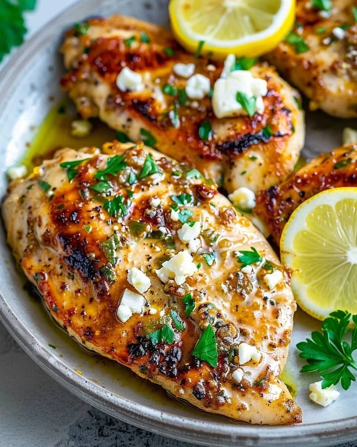 Greek chicken with lemon and feta dish, garnished with herbs