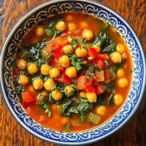 Bowl of Greek chickpea soup garnished with herbs and olive oil