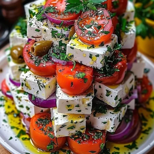 Greek Feta Salad Tower with fresh vegetables and feta cheese