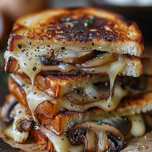 Gourmet grilled cheese sandwich with Gouda cheese, roasted mushrooms, and caramelized onions.