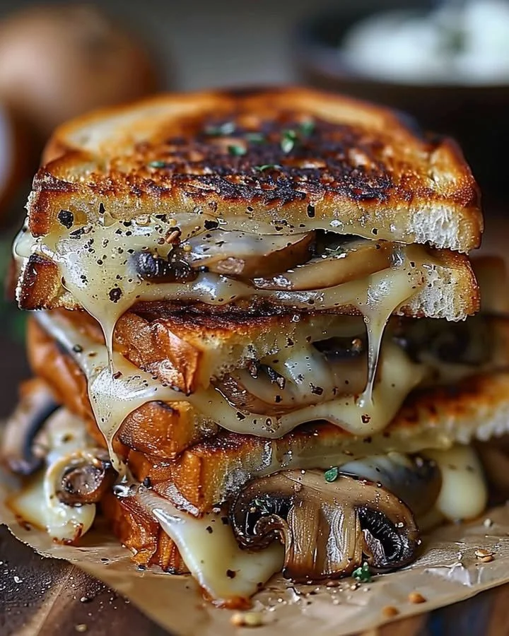 Gourmet grilled cheese sandwich with Gouda cheese, roasted mushrooms, and caramelized onions.