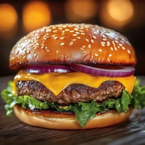Grilled onion ring burger topped with crispy onion rings and fresh toppings.