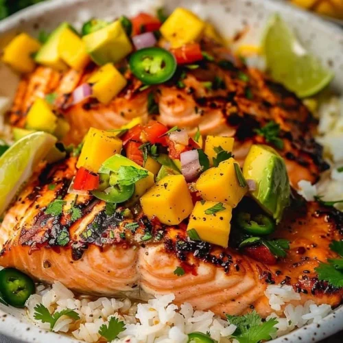 Delicious grilled salmon served with fresh mango salsa on a plate