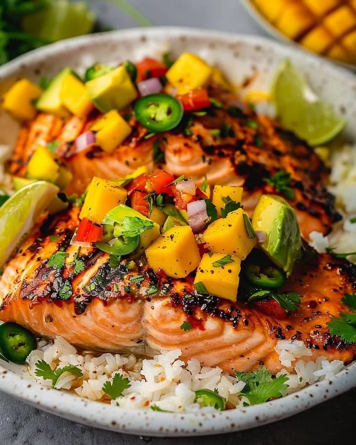 Delicious grilled salmon served with fresh mango salsa on a plate