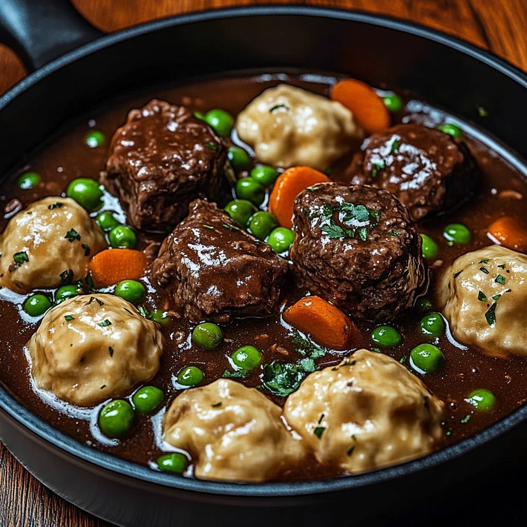 Delicious ground beef and dumplings served in a bowl
