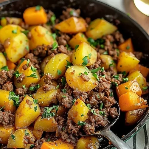 A hearty dish of ground beef and potatoes served in a rustic bowl.