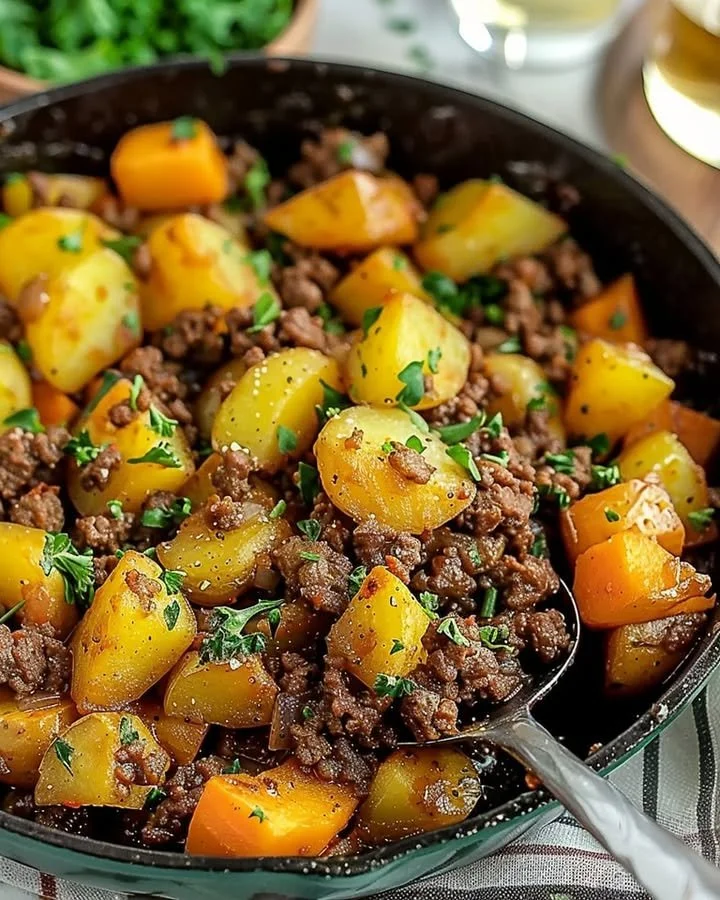 A hearty dish of ground beef and potatoes served in a rustic bowl.
