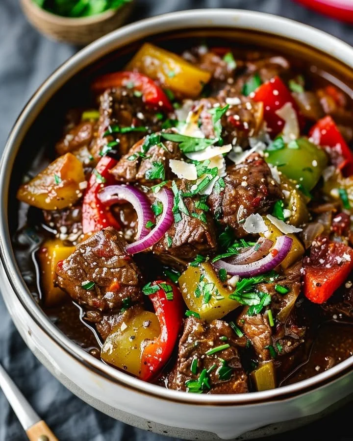 Guinness Braised Beef Stew served in a rustic bowl with fresh herbs