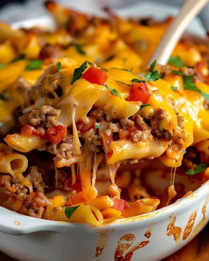Delicious homemade Hamburger Casserole served in a baking dish