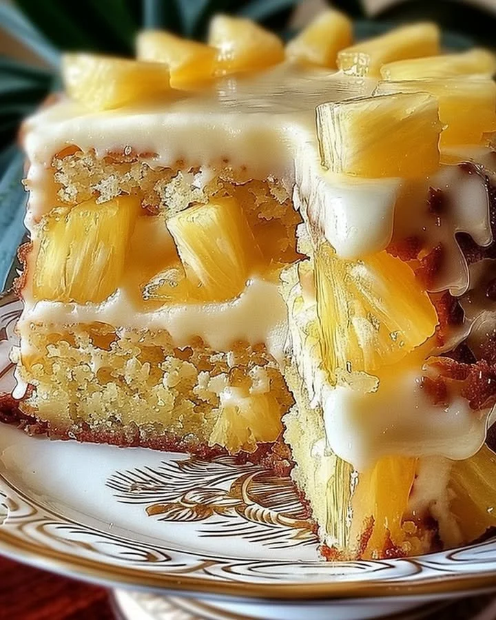 Delicious Hawaiian Pineapple Cake with fresh pineapple slices on top