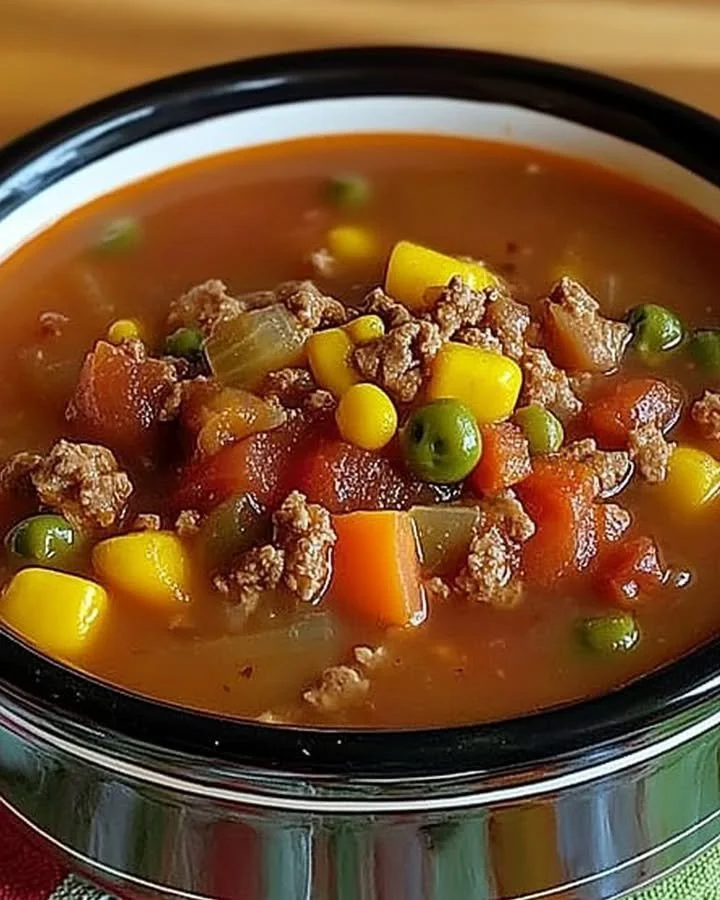 Bowl of hearty crock pot cowboy soup with colorful vegetables and beans