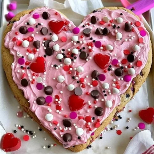 Heart-shaped cookie cake decorated for Valentine's Day celebration.