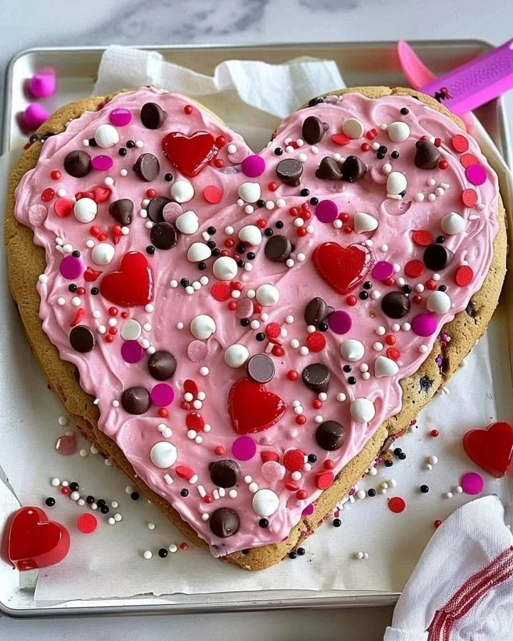 Heart-shaped cookie cake decorated for Valentine's Day celebration.