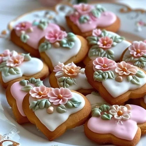 Decorative heart shaped cookies with royal icing and fondant flowers on a plate.