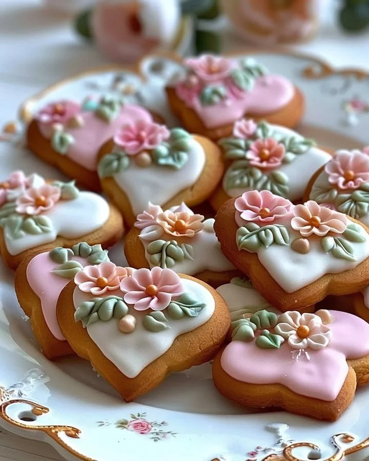 Decorative heart shaped cookies with royal icing and fondant flowers on a plate.