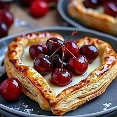 Heart shaped puff pastries filled with custard and cherries on a plate