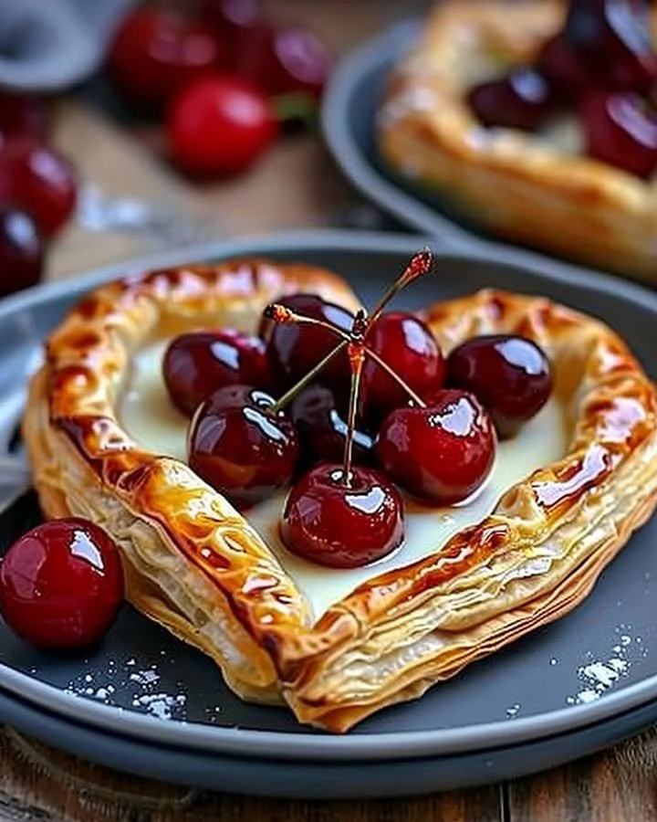 Heart shaped puff pastries filled with custard and cherries on a plate