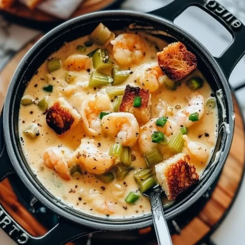 A bowl of hearty shrimp bisque garnished with herbs and served with a side of crusty bread.