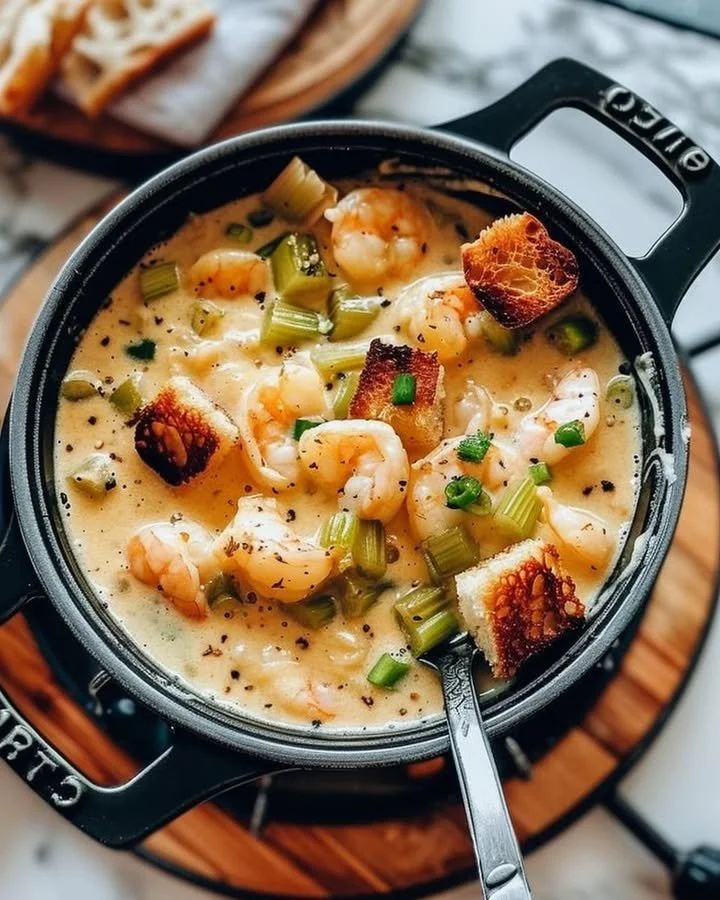 A bowl of hearty shrimp bisque garnished with herbs and served with a side of crusty bread.
