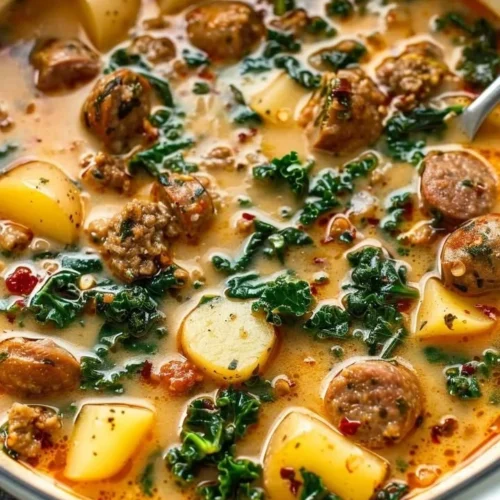 Bowl of hearty Tuscan sausage soup with kale and potatoes