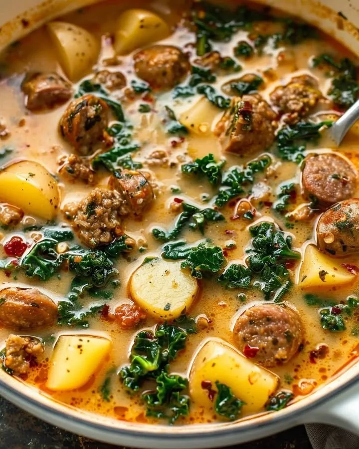 Bowl of hearty Tuscan sausage soup with kale and potatoes