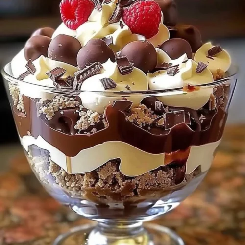 Heavenly chocolate cheesecake trifle with layers of chocolate and cream.