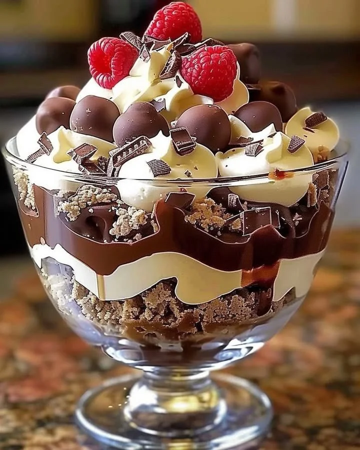 Heavenly chocolate cheesecake trifle with layers of chocolate and cream.