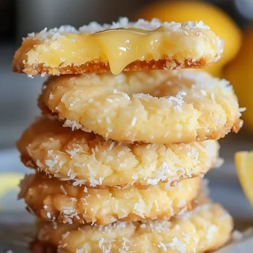 Heavenly coconut lemon curd cookies on a plate garnished with coconut flakes.