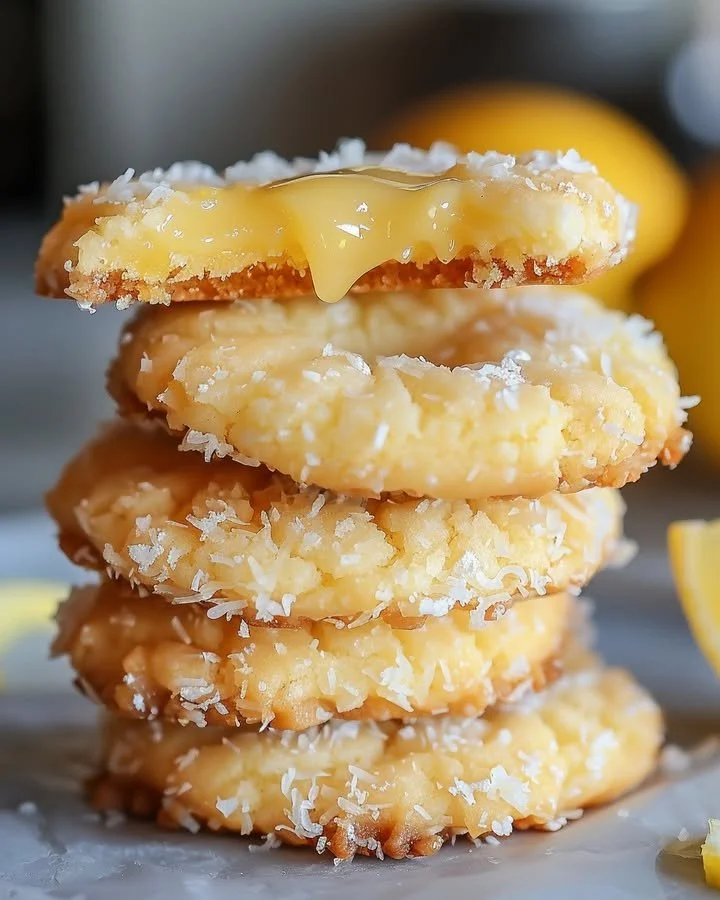 Heavenly coconut lemon curd cookies on a plate garnished with coconut flakes.