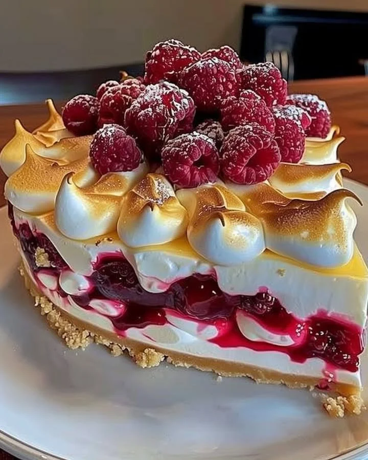 Heavenly lemon raspberry meringue cheesecake with vibrant raspberries and a creamy texture