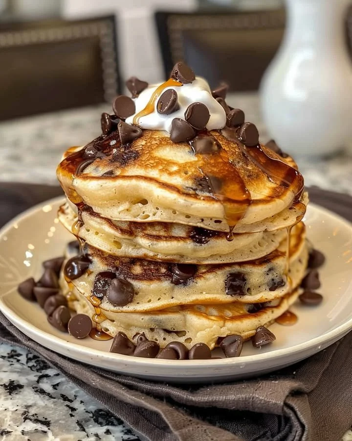 Delicious Heavenly Morsels Chocolate Pancakes served with syrup and berries