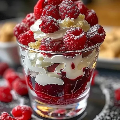 Heavenly raspberry mousse parfait topped with white chocolate garnish