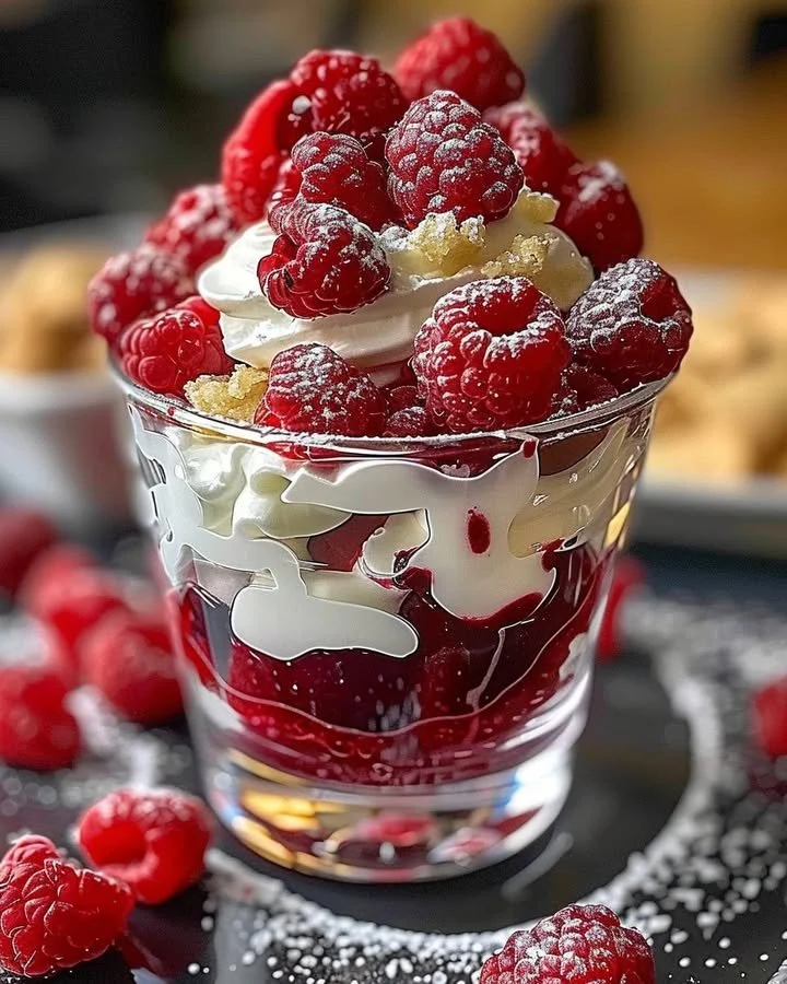 Heavenly raspberry mousse parfait topped with white chocolate garnish