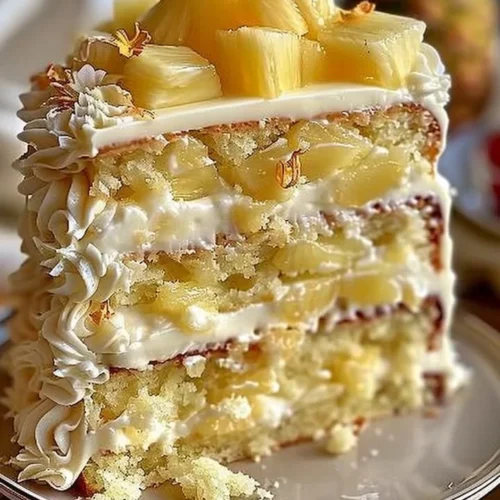 Heavenly white chocolate pineapple cake topped with fresh pineapples and white chocolate shavings