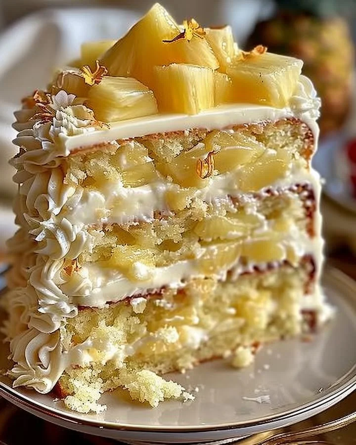 Heavenly white chocolate pineapple cake topped with fresh pineapples and white chocolate shavings