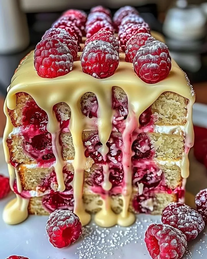 Heavenly White Chocolate Raspberry Cake topped with fresh raspberries and whipped cream.