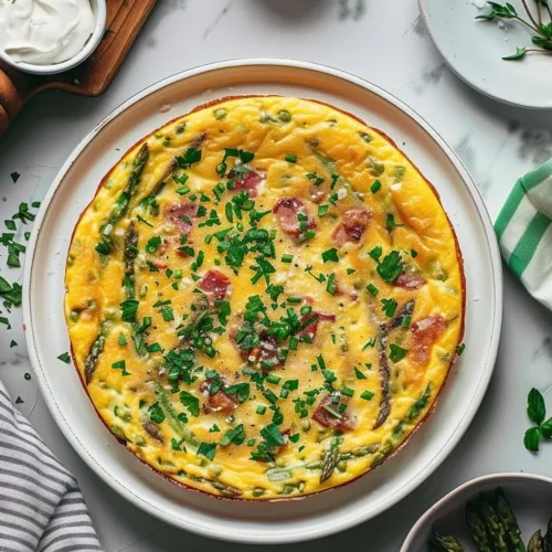 Herb frittata with asparagus and pancetta served on a plate