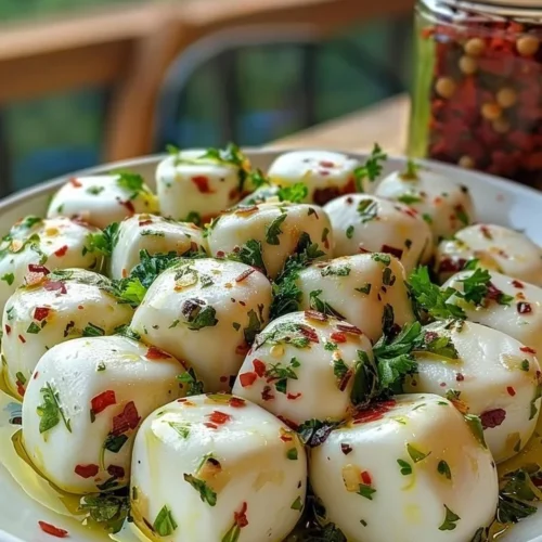 Herbed marinated mozzarella with olive oil and garlic in a serving dish