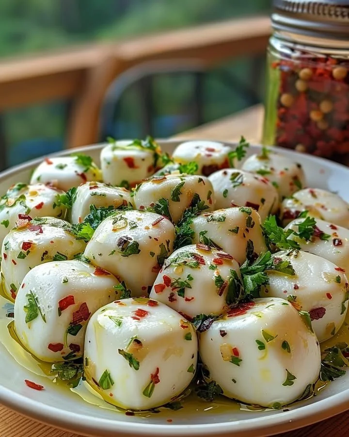 Herbed marinated mozzarella with olive oil and garlic in a serving dish