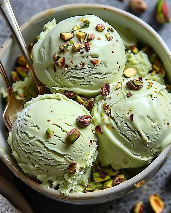 Creamy high protein pistachio ice cream served in a bowl with nuts on top.