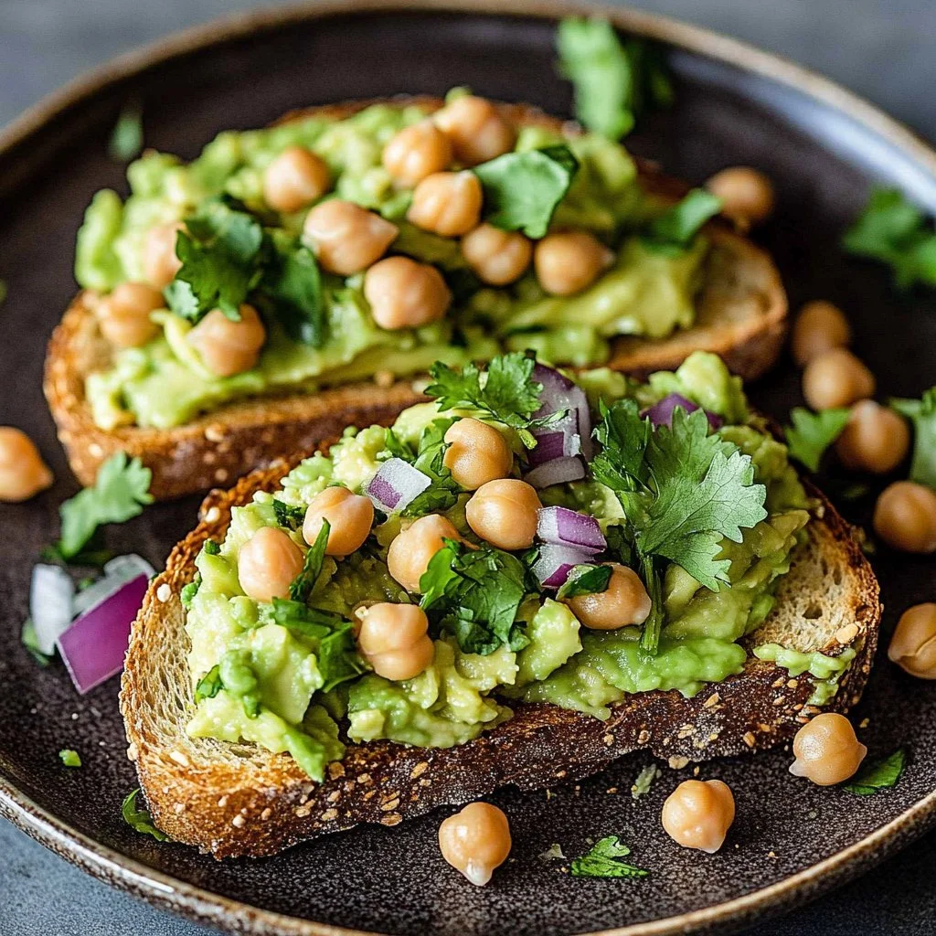 High protein vegan avocado toast topped with seeds and herbs