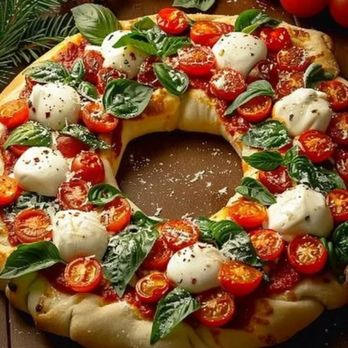 Delicious Holiday Wreath Pizza decorated for festive celebrations.